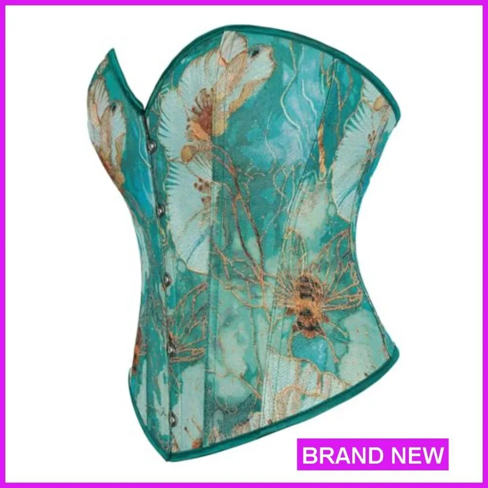 Vintage Floral Bustier Corset Top Strapless Overbust Boned Shapewear Lace Up